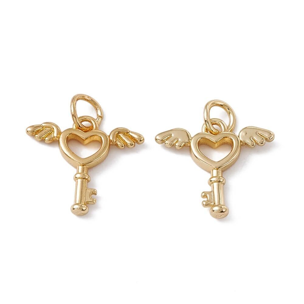 4786 20Pcs Brass Heart Key with Wing Charms Brass Pendants with Jump Ring